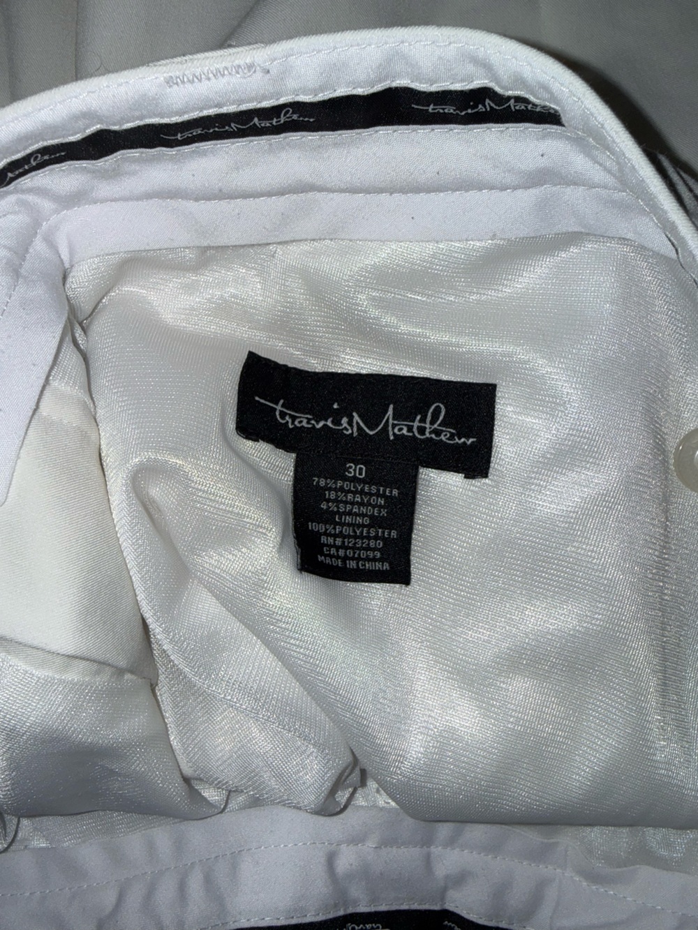 Travis Mathew White Lined Garment - Size 30